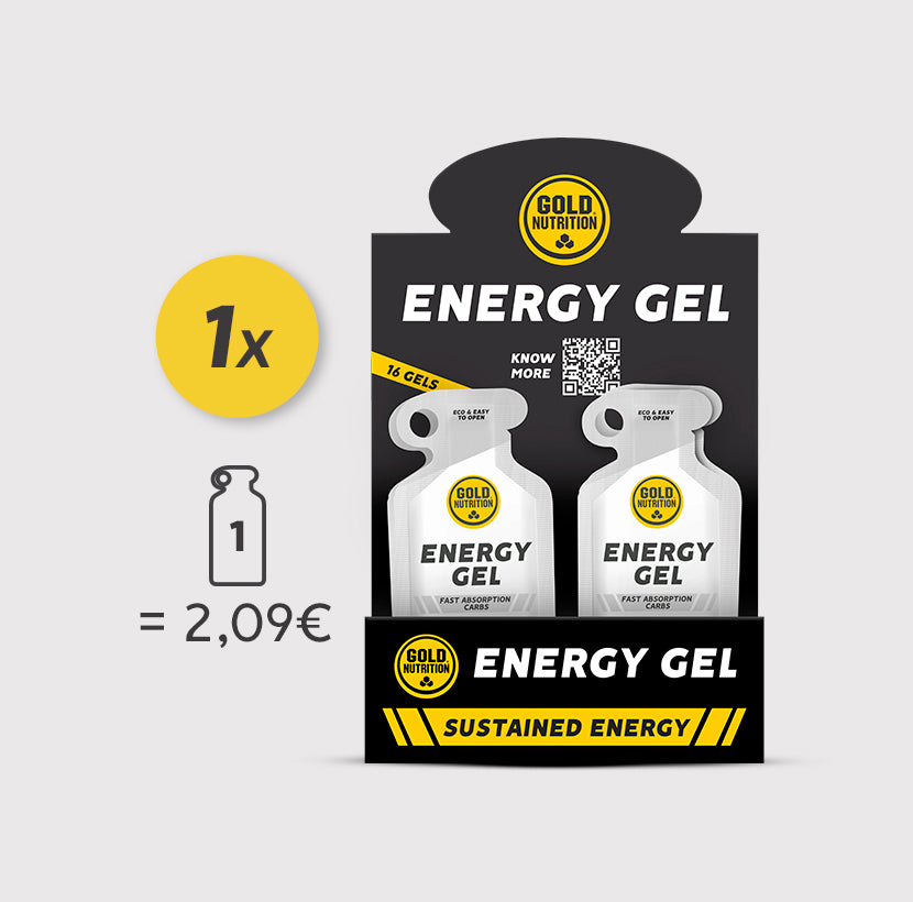 Caixa de gel energético GoldNutrition de 40g com sabor neutro, ideal para reposição de energia durante atividades físicas.
