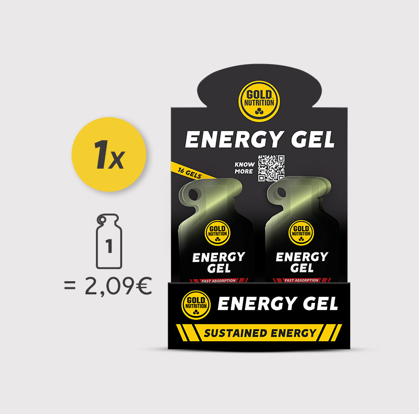Gel energético GoldNutrition de 40g com sabor morango e limão, embalagem de caixa visível na imagem.