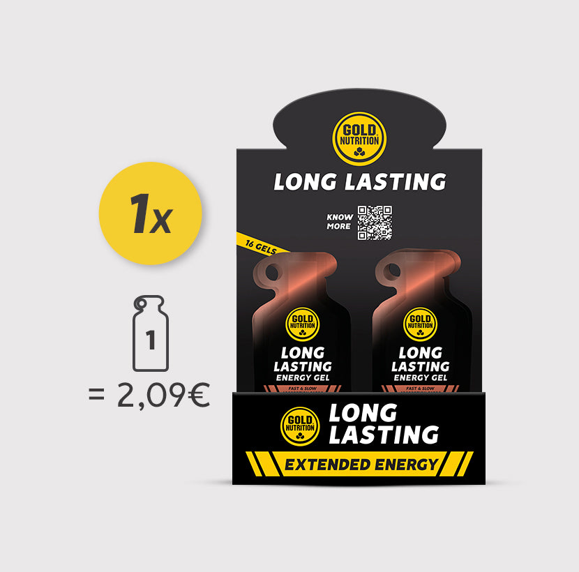 Gel de longa duração GoldNutrition sabor manga, embalagem com pote e etiqueta visível.