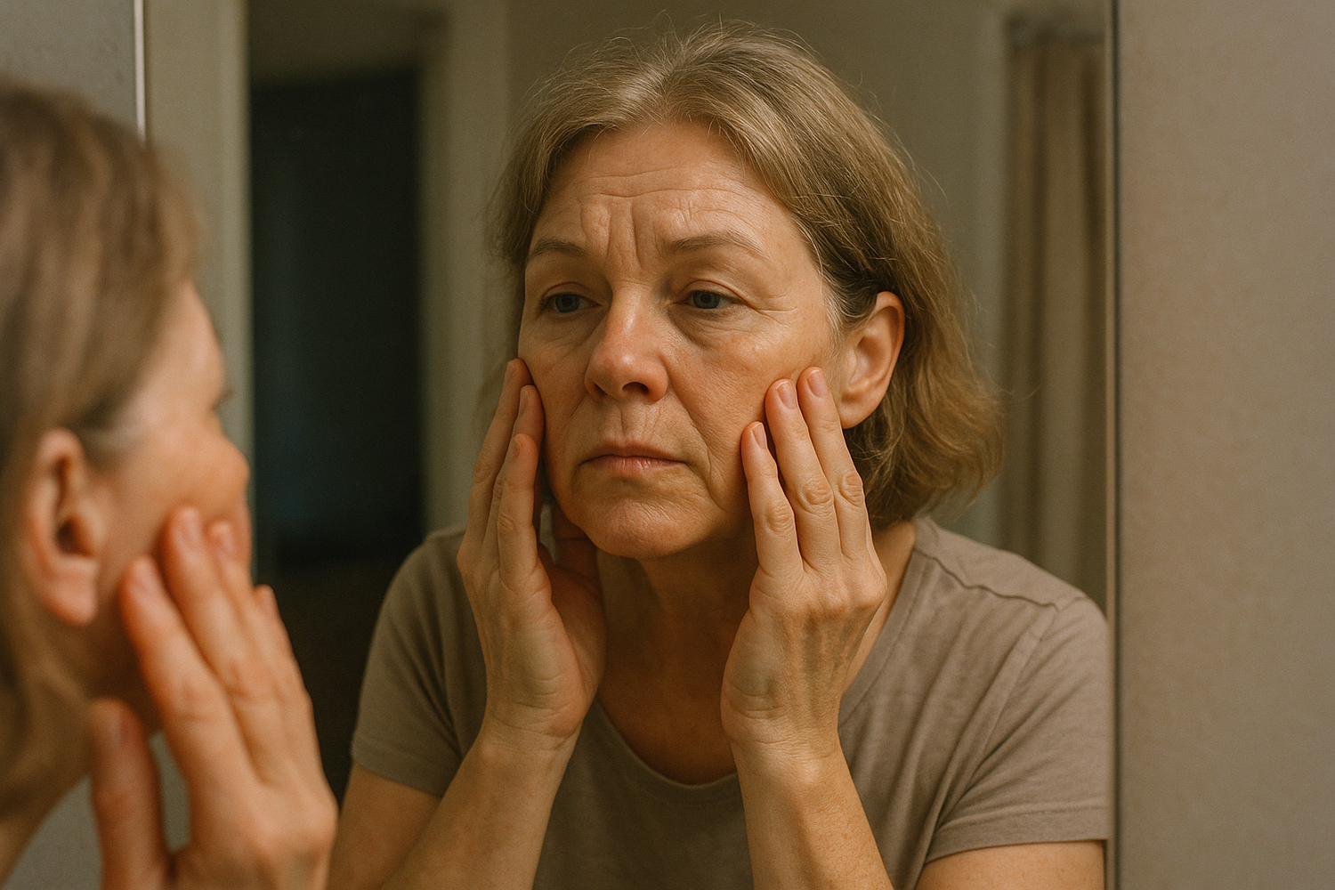 55 year old woman looking at herself in the mirror an pushing her face skin