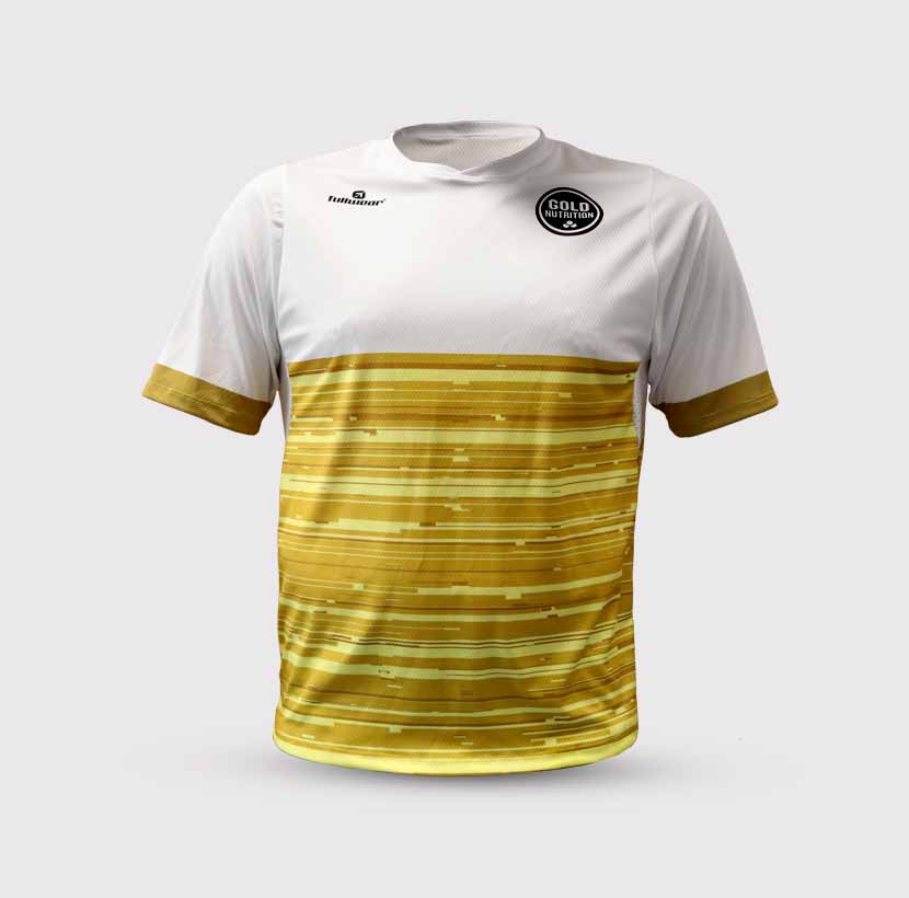 Camisola técnica de corrida amarela da GoldNutrition, tecido leve e respirável para prática esportiva ao ar livre.