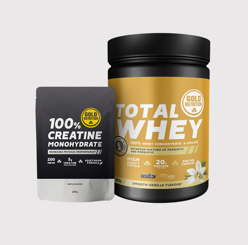 Imagem de suplemento de creatina monohidratada GoldNutrition e whey protein Total Whey em embalagem.
