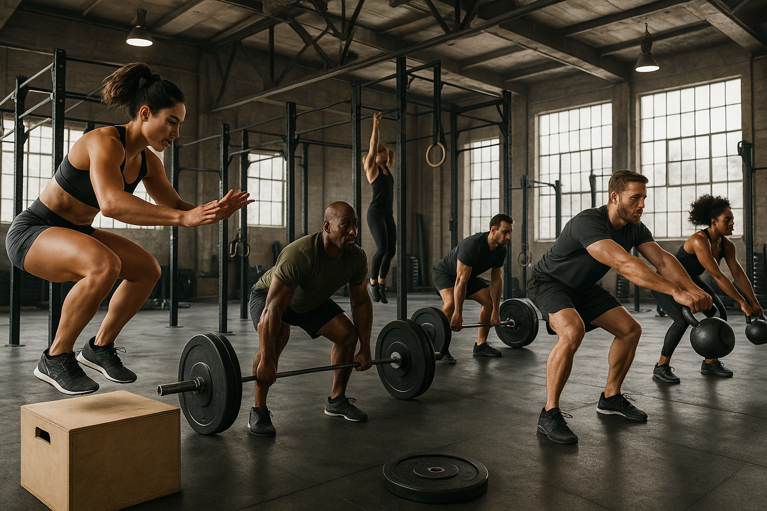 crossfit box with several people training