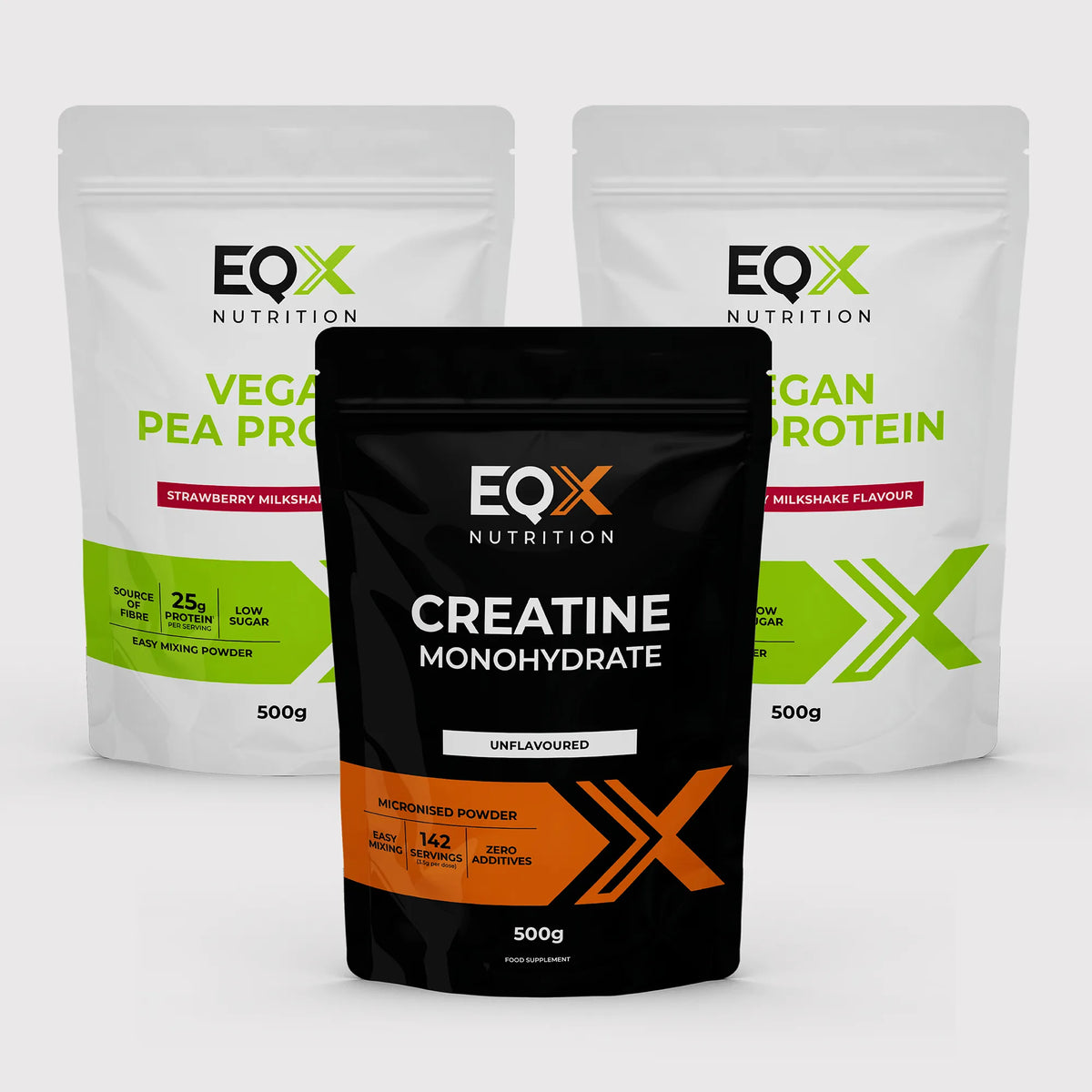 EQX Vegan Performance Pack com proteína de ervilha Strawberry Milkshake 2 × 500 g e creatina sem sabor 500 g.