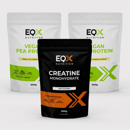 EQX Vegan Performance Pack com proteína de ervilha Vanilla Ice Cream 2 × 500 g e creatina sem sabor 500 g.
