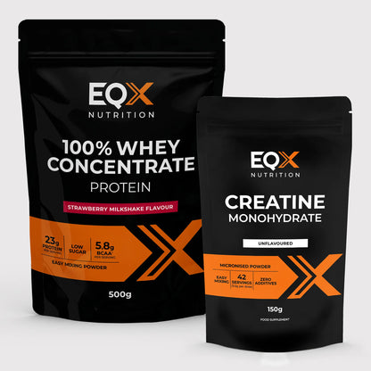 EQX Whey Starter Pack com proteína whey Strawberry Milkshake 500 g e creatina sem sabor 150 g.