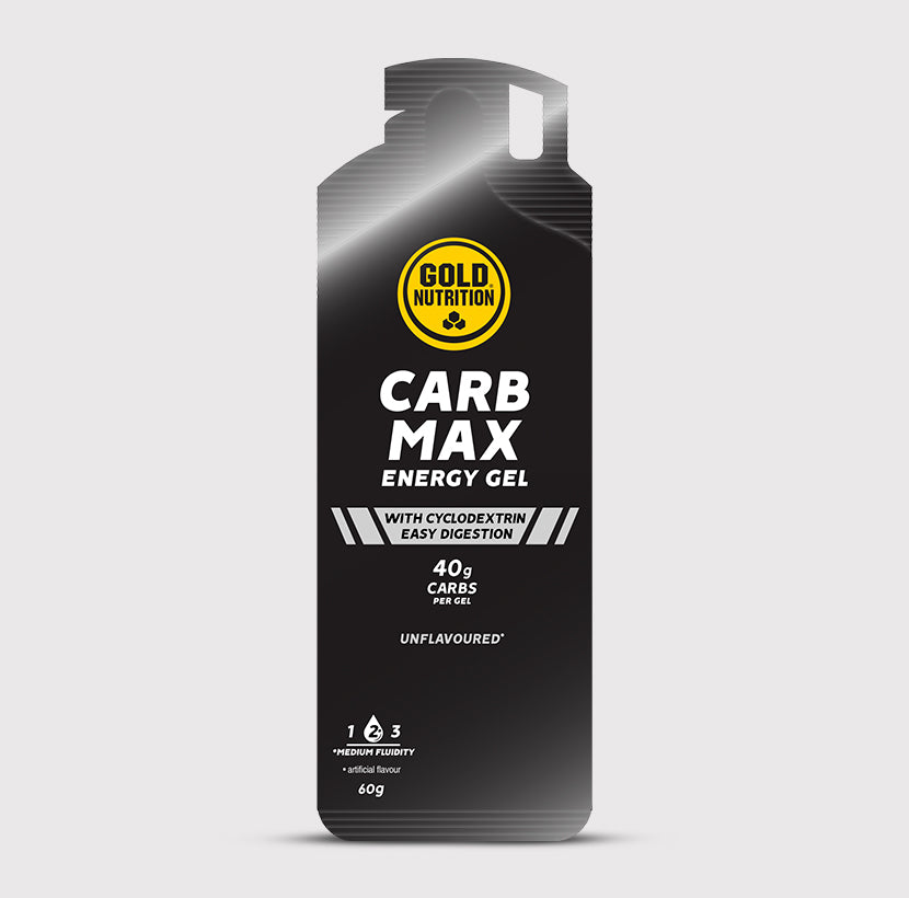 Gel de energia Carb Max da GoldNutrition, embalagem neutra, foco na textura e design do produto para atletas e corredores