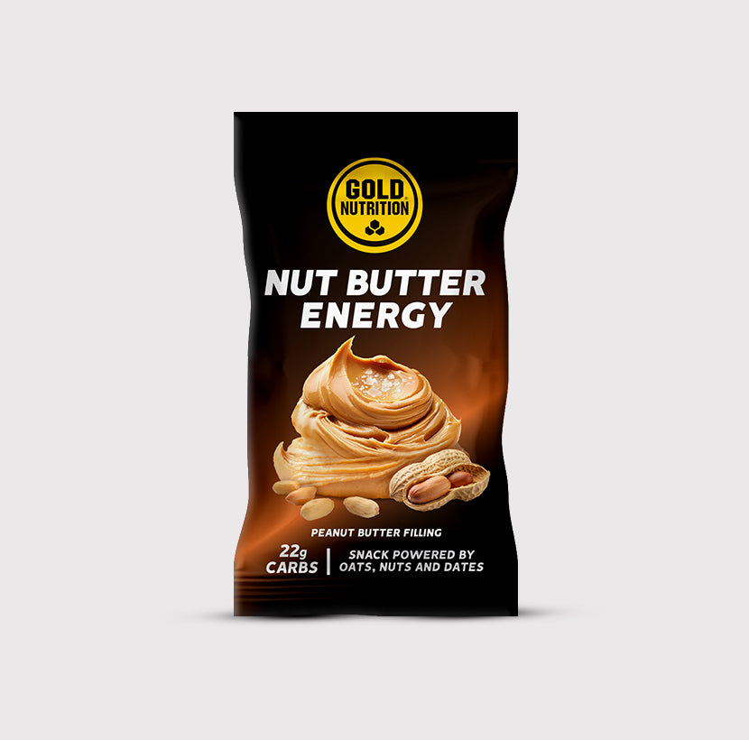 Manteiga de amendoim GoldNutrition Nut Butter Energy, sabor amendoim, em pote com embalagem de lanche saudável.