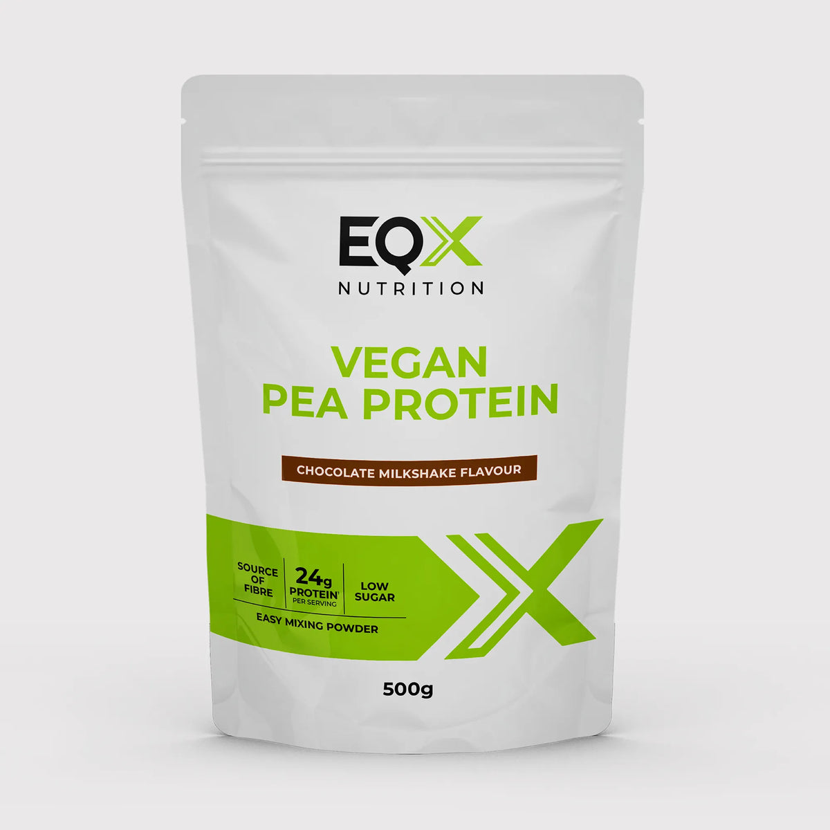 Embalagem EQX Vegan Pea Protein Chocolate Milkshake 500 g, vista frontal